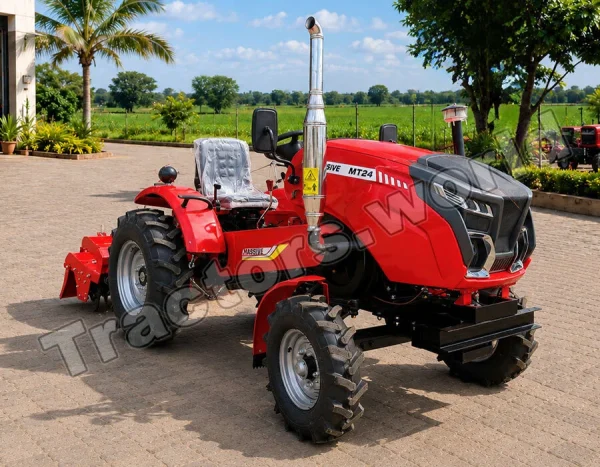 Red MT24 agricultural tractor with tall exhaust stack and plastic-covered seat, parked on a brick driveway on a sunny day.
